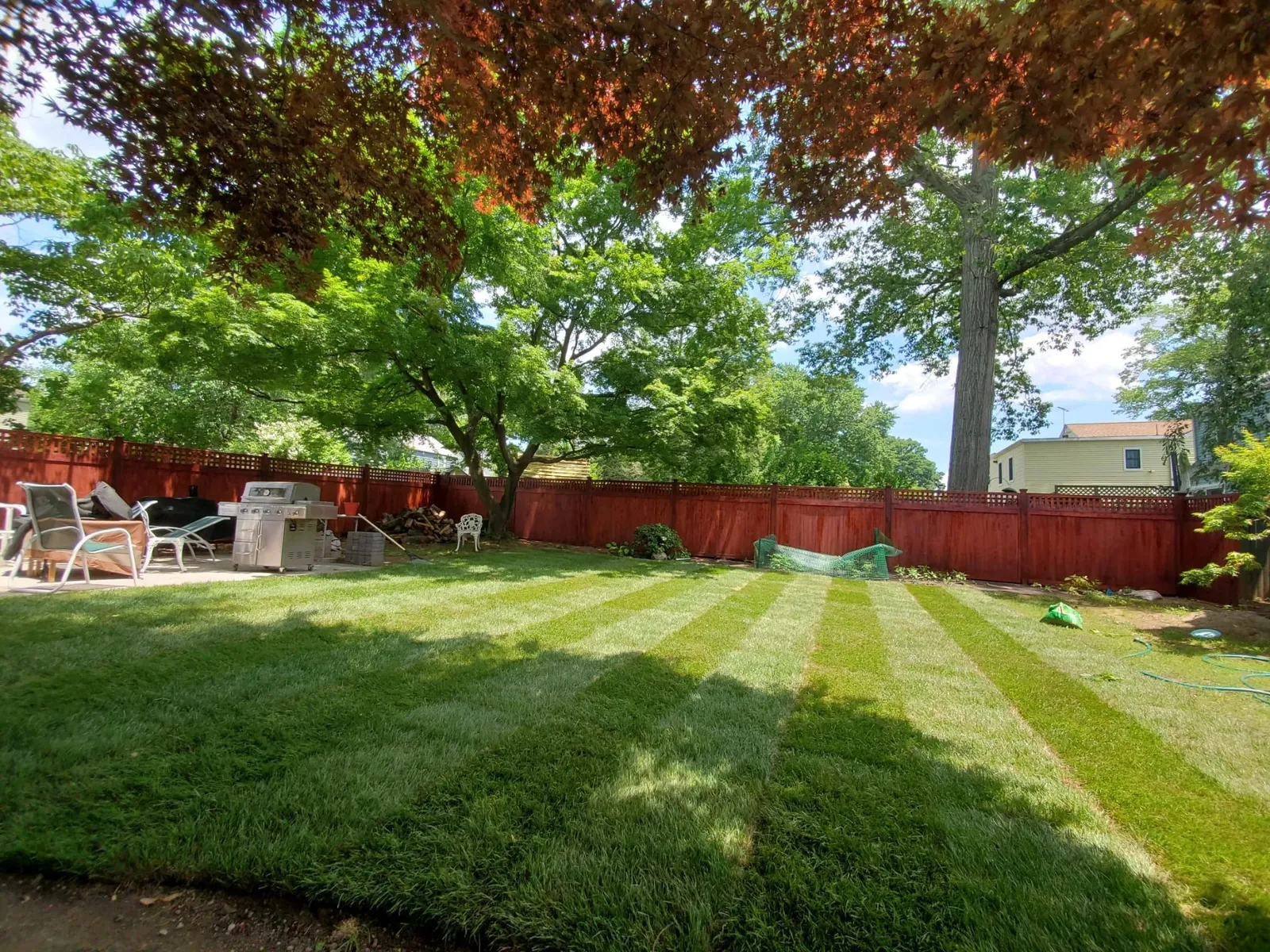 Freshly laid sod in a fenced backyard with a patio and mature trees