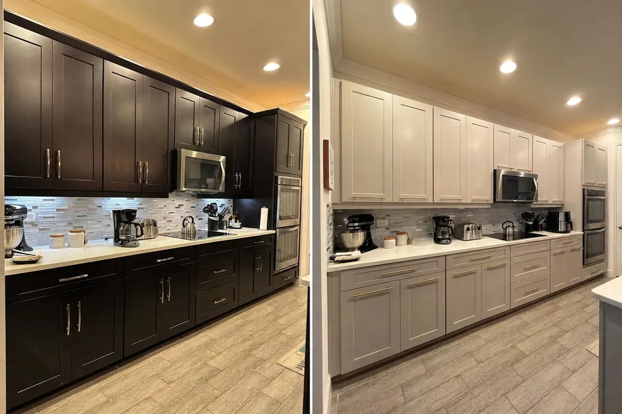 Before and after of a galley kitchen, dark cabinets refinished off-white with gold pulls