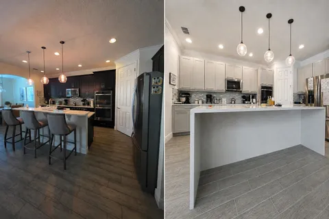 Before and after of a kitchen cabinet refinish with a new waterfall island