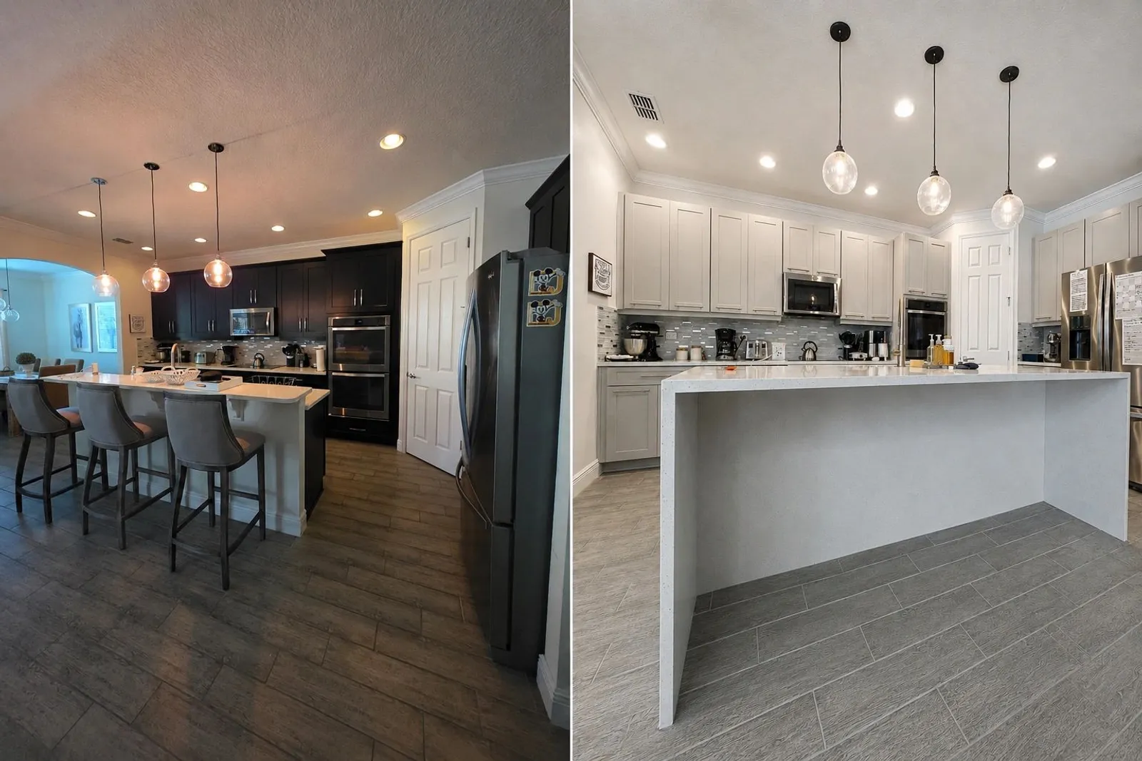 Before and after of a kitchen, dark espresso cabinets refinished in light gray with a new waterfall island