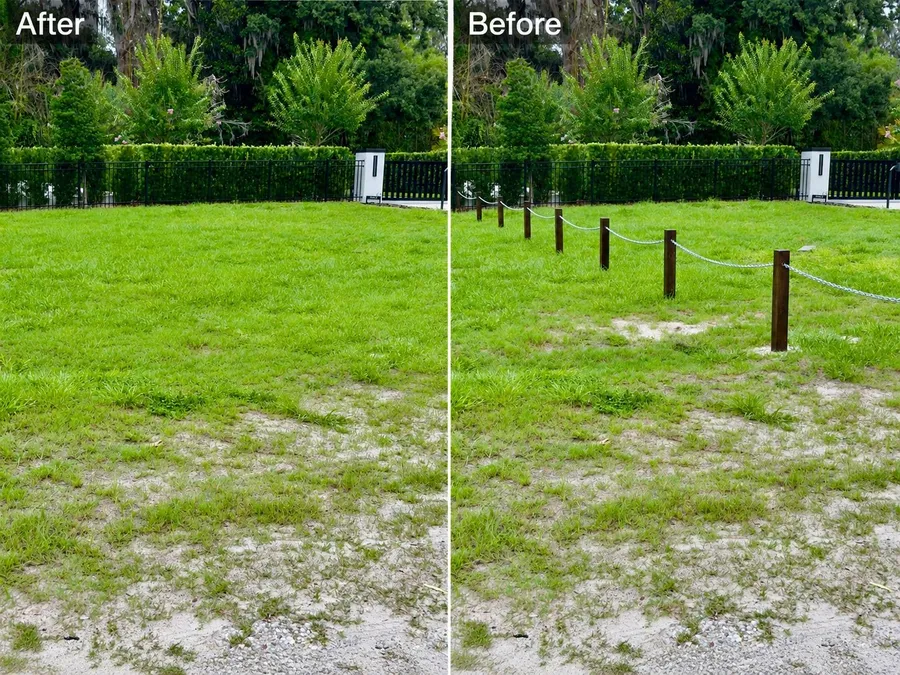 Before and after of a lawn, an old post-and-chain fence removed and the turf repaired