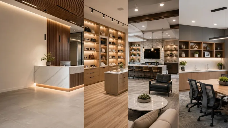 Commercial reception, retail display, lounge, and office interiors