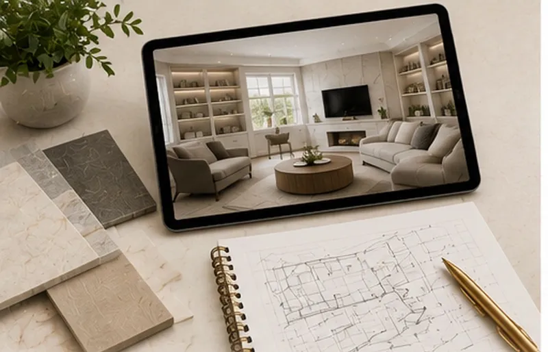 Tablet showing a finished living room beside a hand-drawn floor plan and tile samples