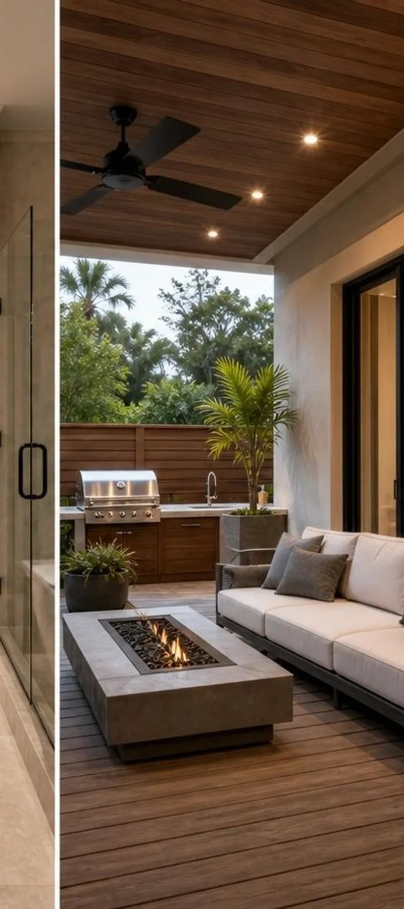 Covered patio with a fire feature, outdoor seating, and a grill counter