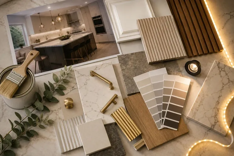 Cabinet door, hardware, tile, and finish samples laid out for a custom cabinetry project