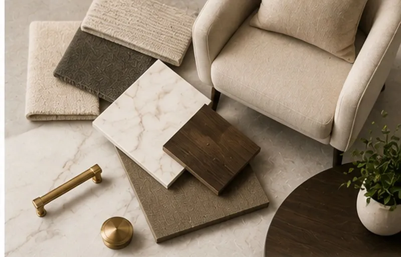 Fabric, stone, and wood samples beside an upholstered armchair