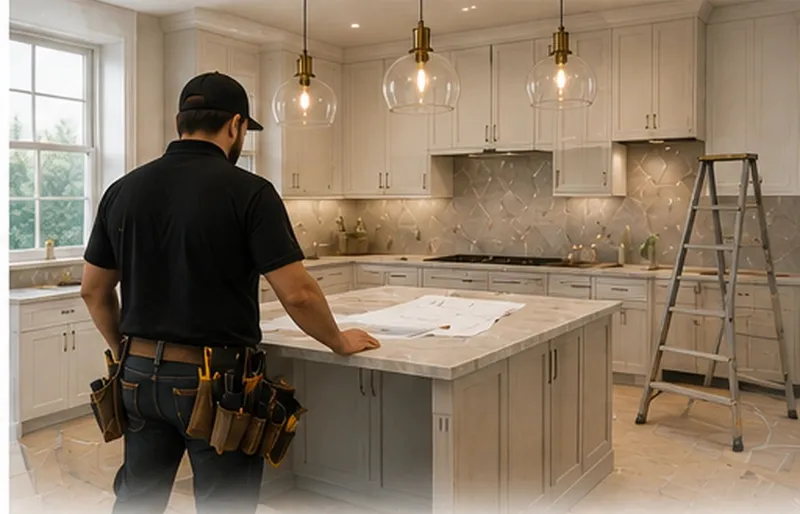 Installer reviewing plans at a kitchen island during a remodel