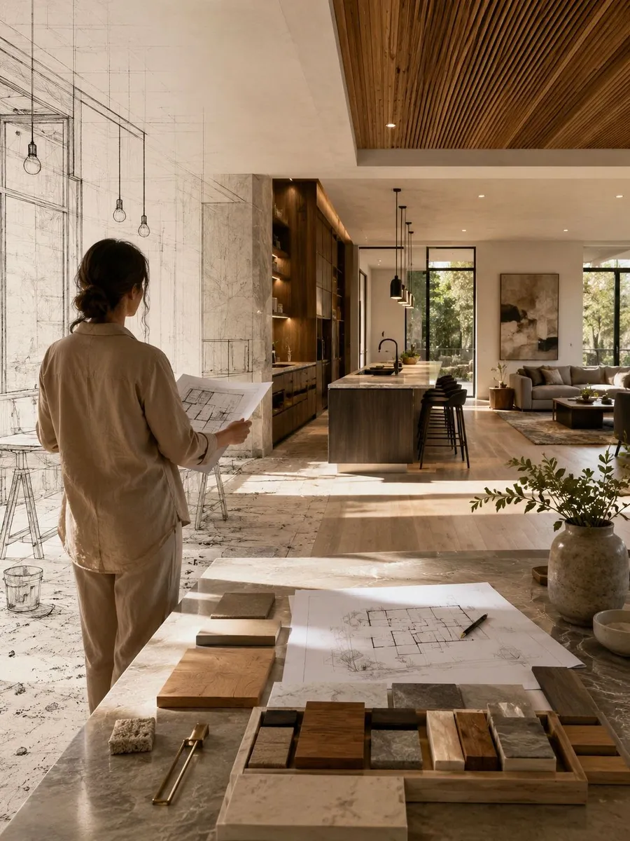 Illustration of a designer holding plans in a room that is half sketch and half finished kitchen