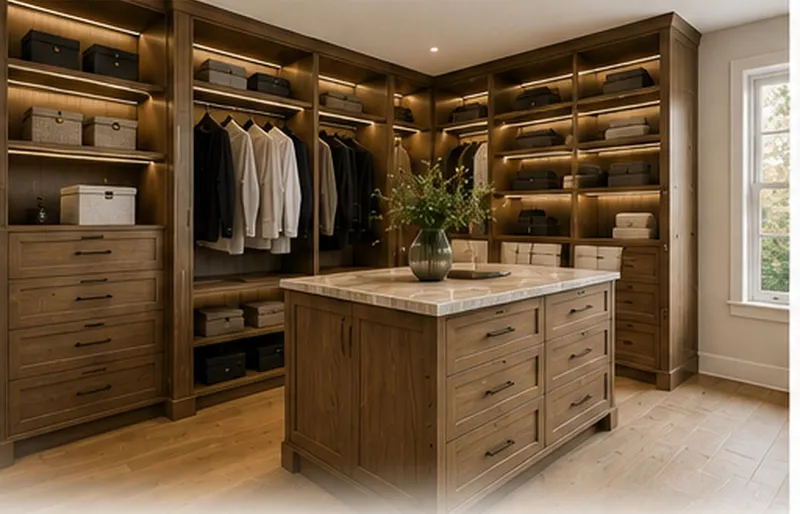 Walk-in closet with wood cabinetry, drawers, hanging space, and a center island