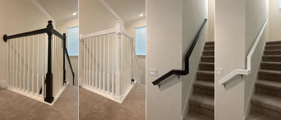 Before and after of a stair railing and handrail refinished from dark stain to white